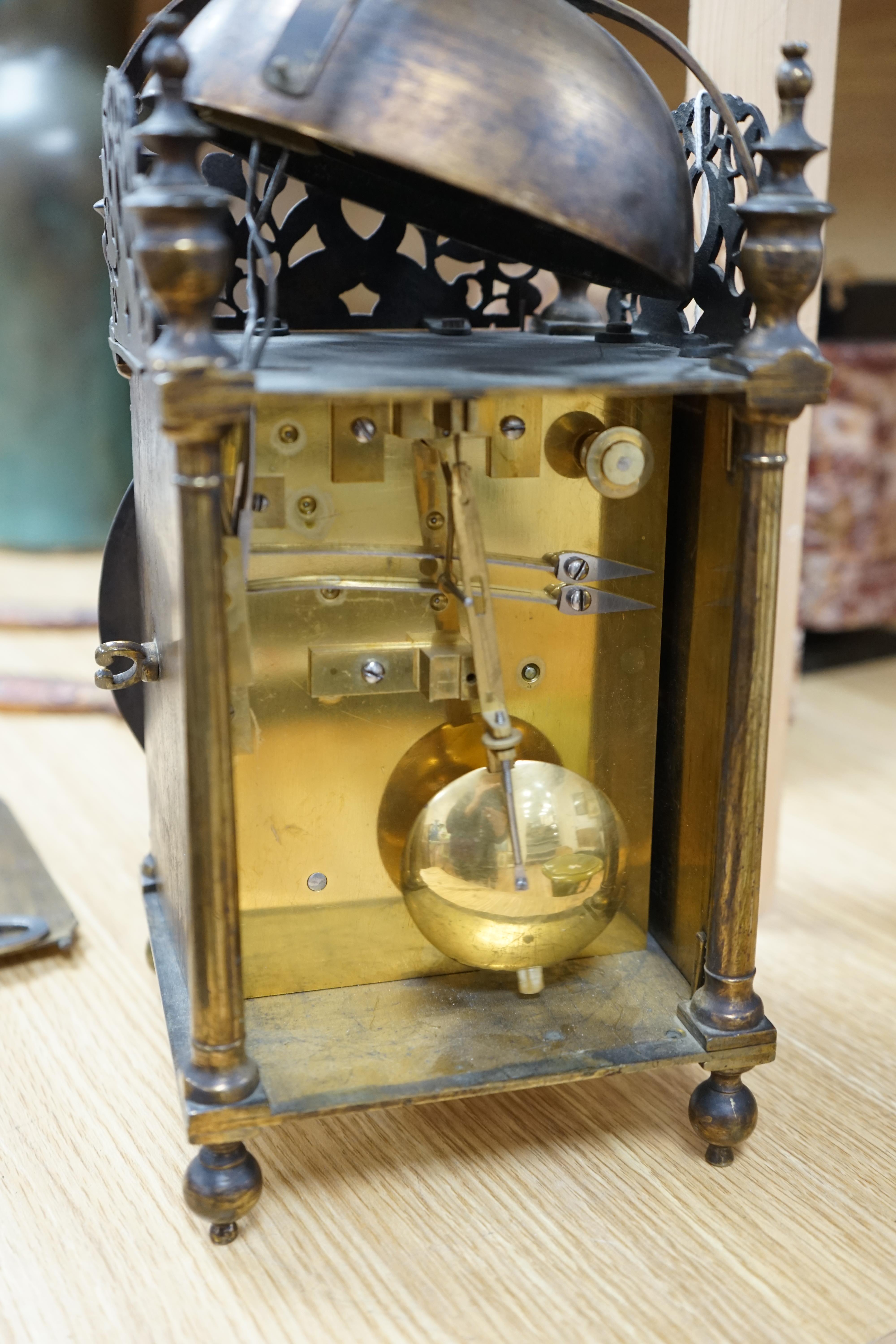 A Victorian lantern clock, Thomas Loomes at the Mermaid in Lothbury to the dial plate, twin fusee movement, 35cm high. Condition - fair, parts detached